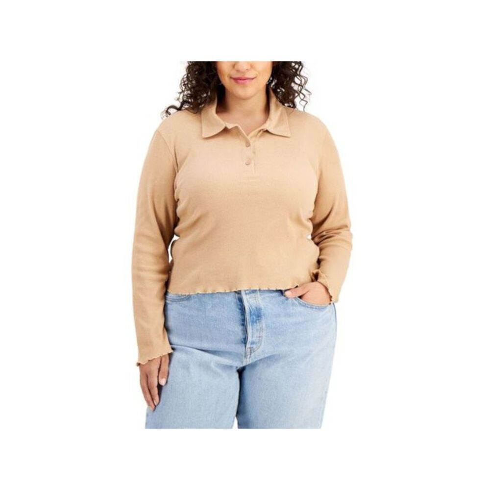 CIRCLE TRENDS Womens Beige Button Front Raw Hem Long Sleeve Collared Top Plus 3X